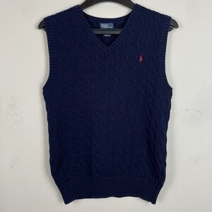 Polo Ralph Lauren Sweater Vest Boys XL(18-20) V-Neck Cable Knit Navy Fisherman
